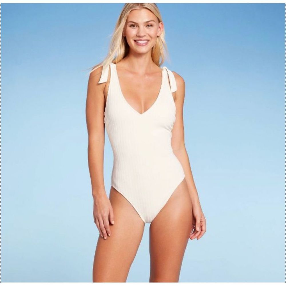 Plunge Front Shoulder Tie Ribbed One Piece Swimsuit - Shade & Shore
